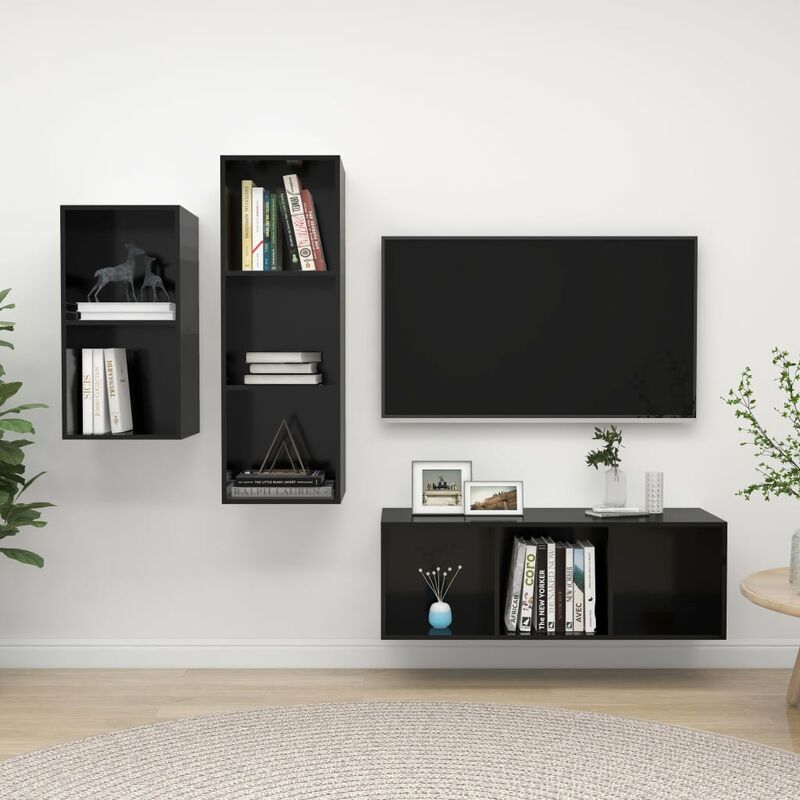 

Juego de mueble para TV de 3 piezas aglomerado negro brillante
