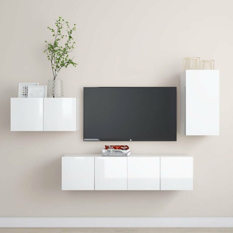 

Juego de mueble para TV de 4 piezas aglomerado blanco brillante
