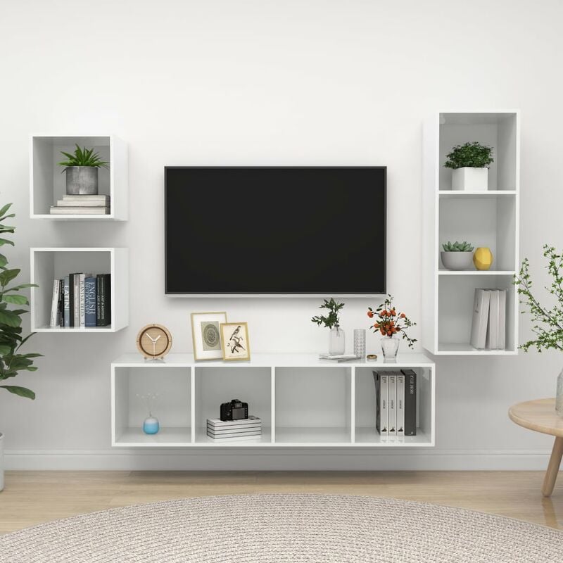 

Juego de mueble para TV de 4 piezas aglomerado blanco brillante