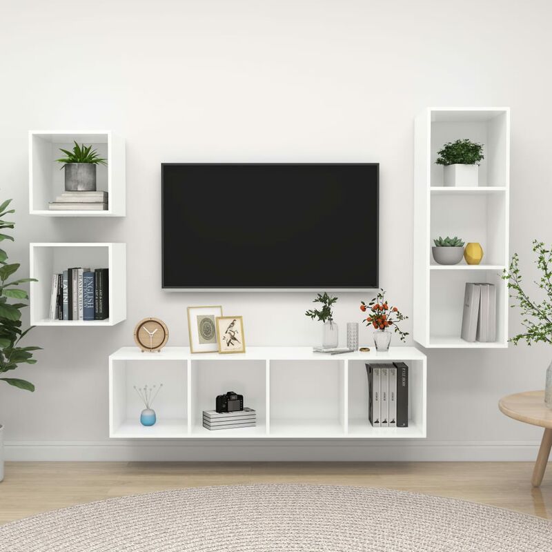 

Juego de mueble para TV de 4 piezas aglomerado blanco brillante