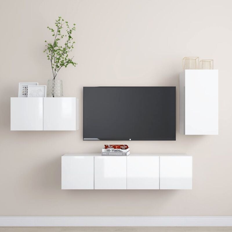 

Juego de mueble para TV de 4 piezas aglomerado blanco brillante