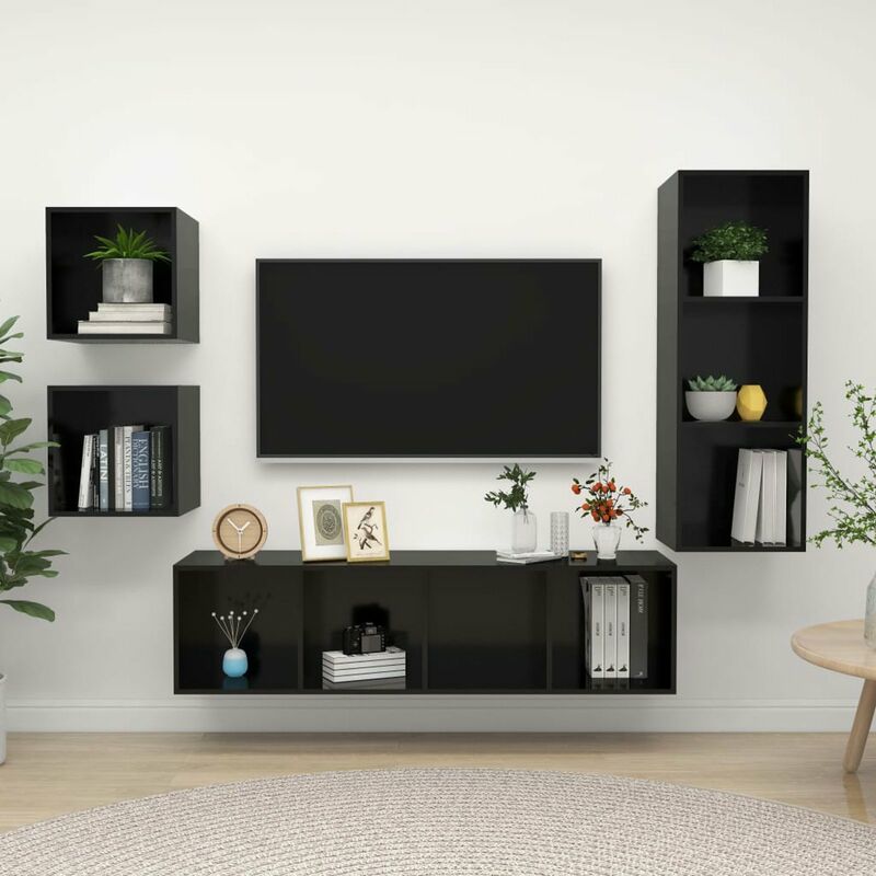 

Juego de mueble para TV de 4 piezas aglomerado negro brillante