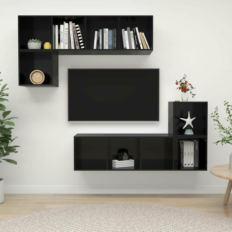 

Juego de mueble para TV de 4 piezas aglomerado negro brillante