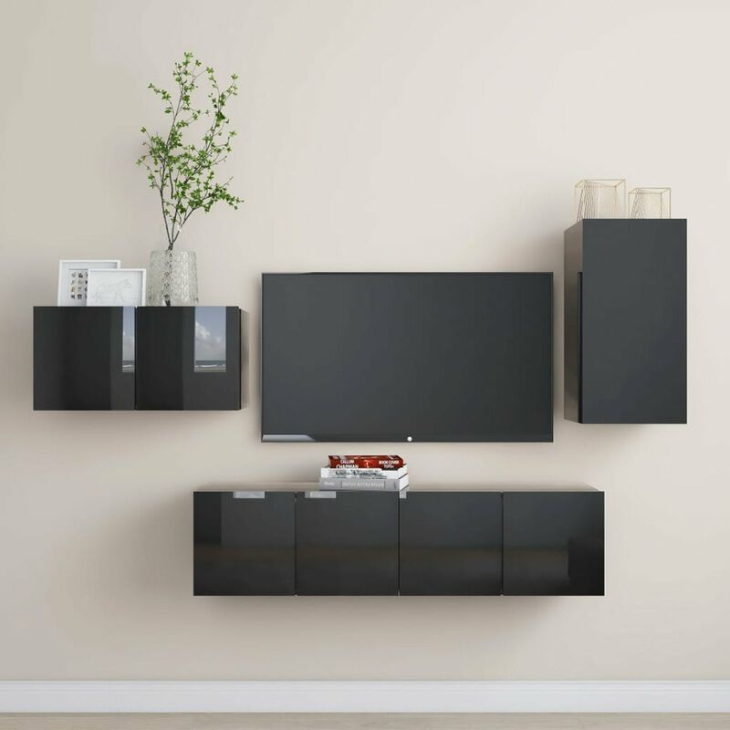

Juego de mueble para TV de 4 piezas aglomerado negro brillante