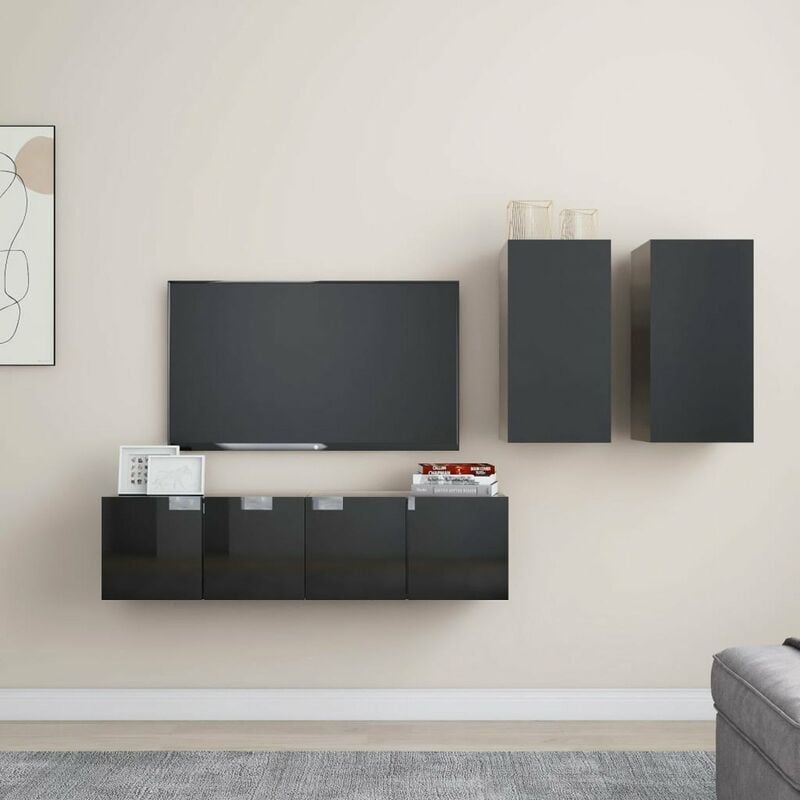 

Juego de mueble para TV de 4 piezas aglomerado negro brillante