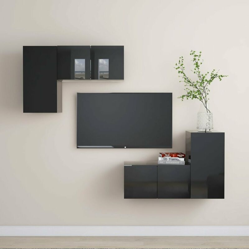 

Juego de mueble para TV de 4 piezas aglomerado negro brillante