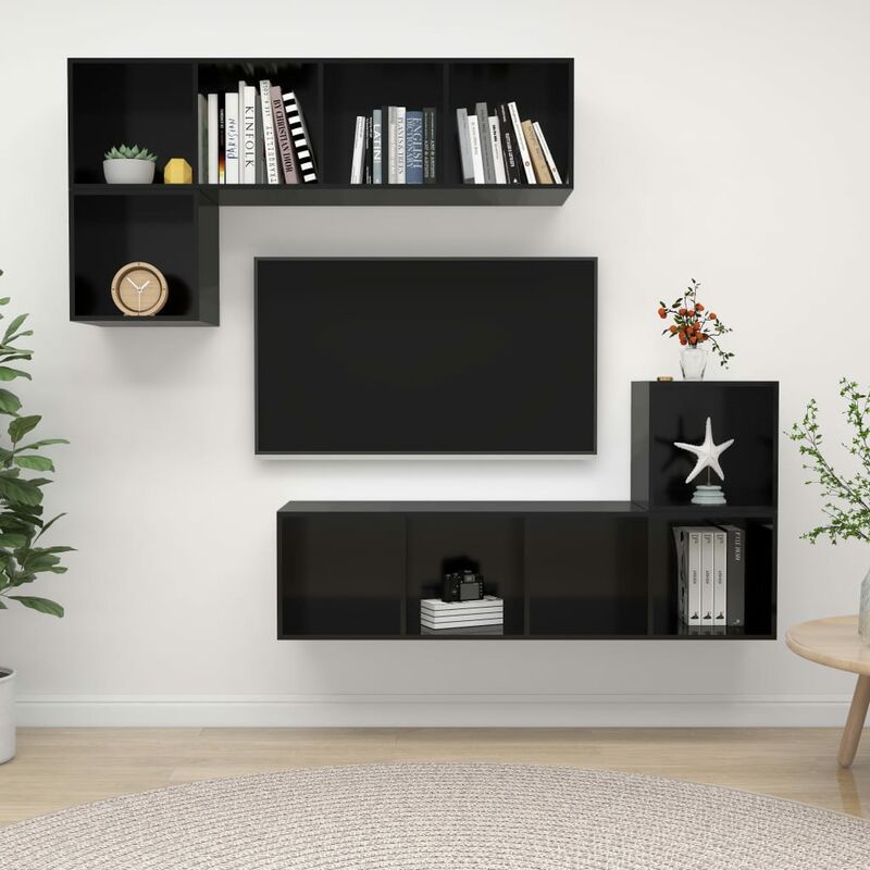 

Juego de mueble para TV de 4 piezas aglomerado negro brillante