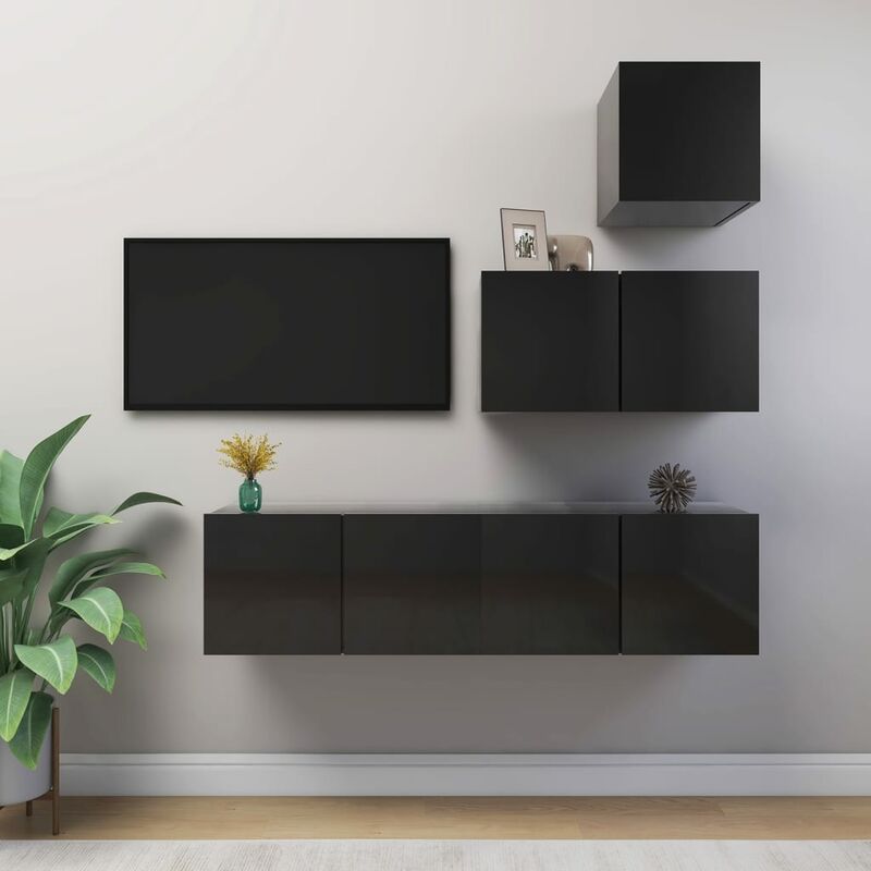 

Juego de mueble para TV de 4 piezas aglomerado negro brillante