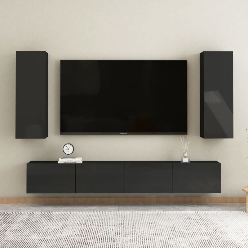

Juego de mueble para TV de 4 piezas aglomerado negro brillante