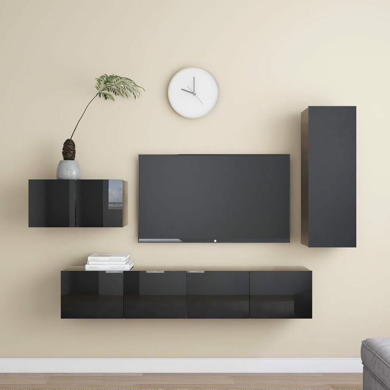 

Juego de mueble para TV de 4 piezas aglomerado negro brillante