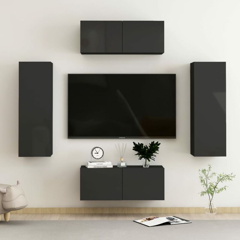 

Juego de mueble para TV de 4 piezas aglomerado negro brillante