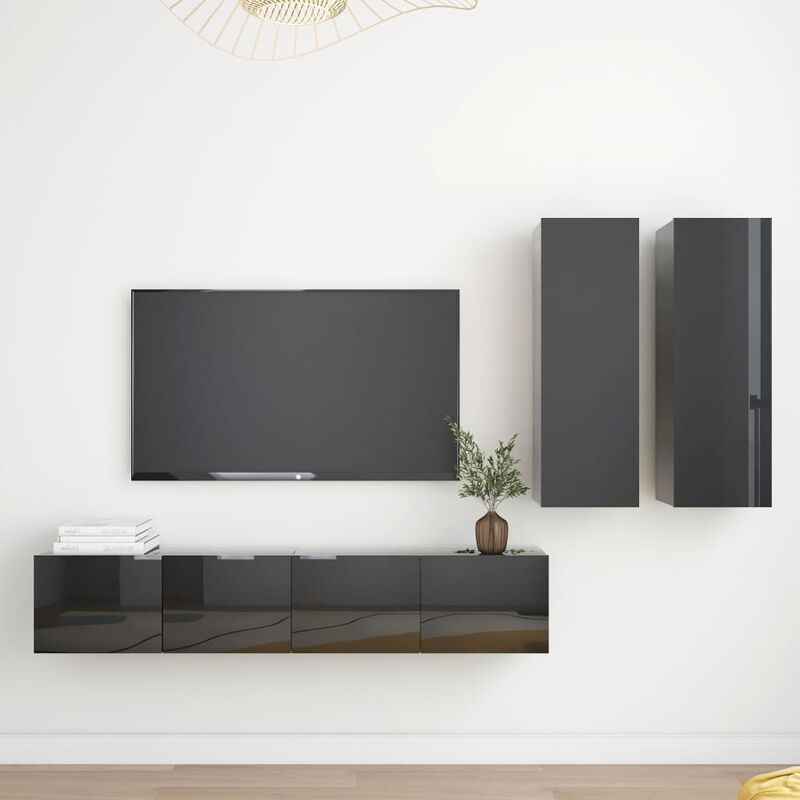 

Juego de mueble para TV de 4 piezas aglomerado negro brillante
