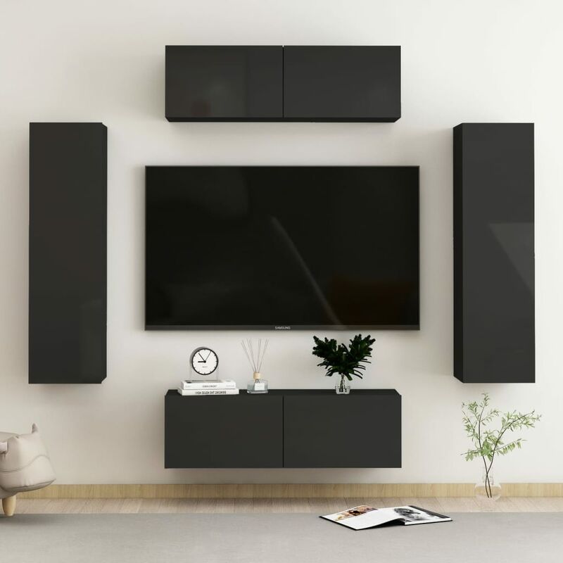 

Juego de mueble para TV de 4 piezas aglomerado negro brillante