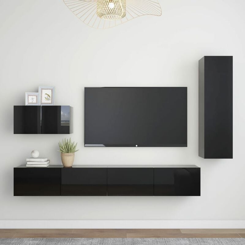 

Juego de mueble para TV de 4 piezas aglomerado negro brillante