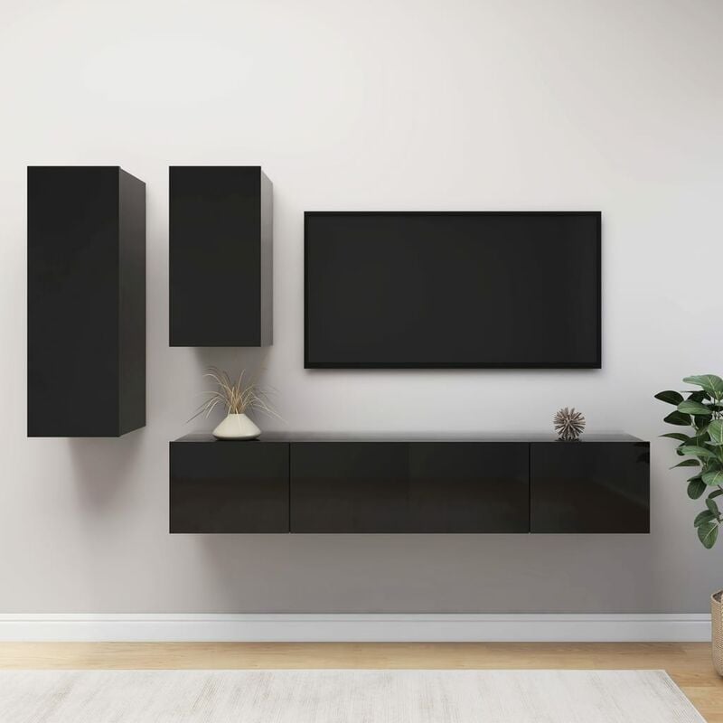 

Juego de mueble para TV de 4 piezas aglomerado negro brillante