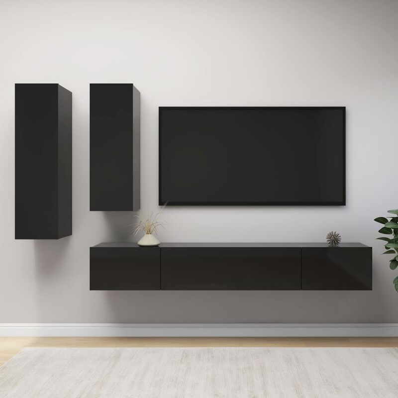 

Juego de mueble para TV de 4 piezas aglomerado negro brillante