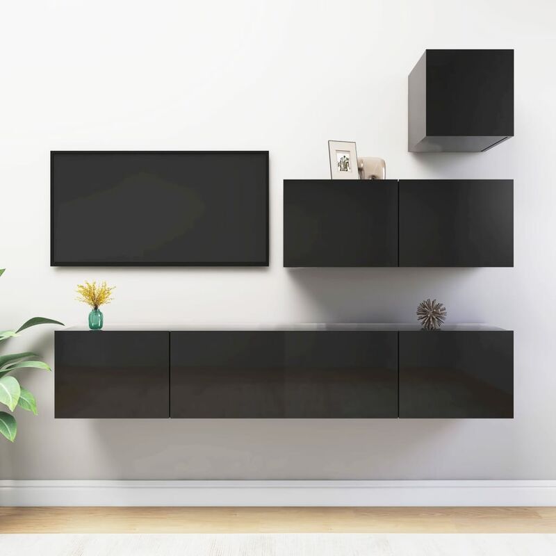 

Juego de mueble para TV de 4 piezas aglomerado negro brillante