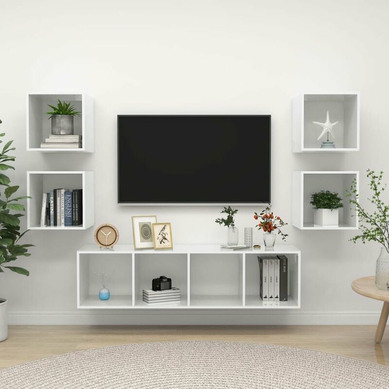 

Juego de mueble para TV de 5 piezas aglomerado blanco brillante