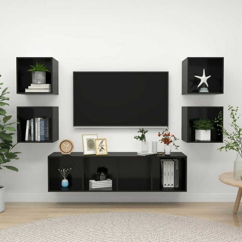 

Juego de mueble para TV de 5 piezas aglomerado negro brillante