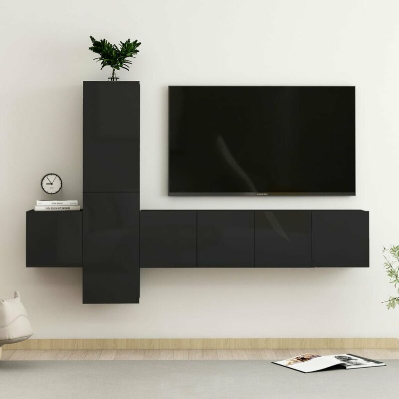 

Juego de mueble para TV de 5 piezas aglomerado negro brillante