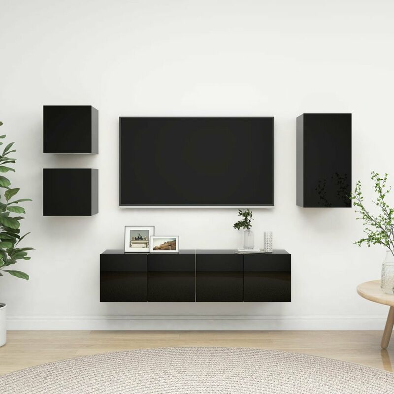 

Juego de mueble para TV de 5 piezas aglomerado negro brillante