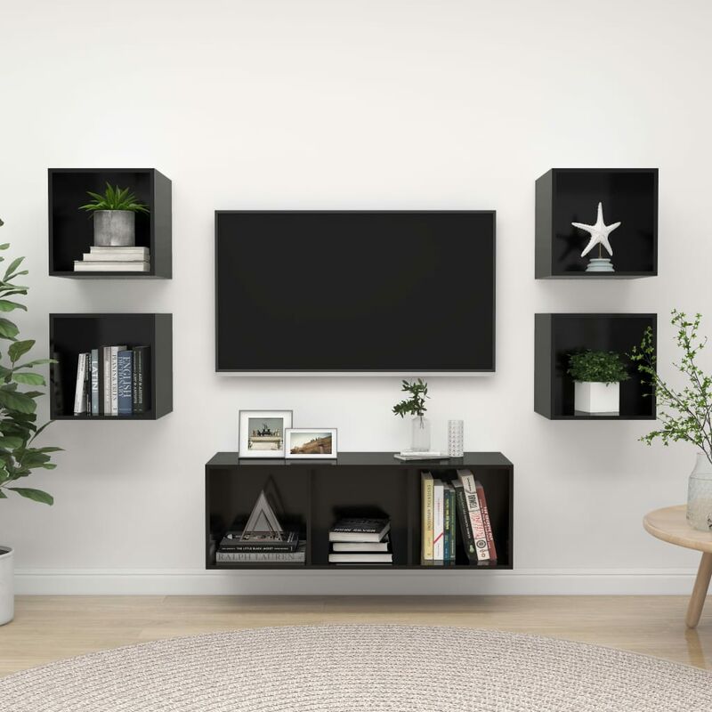 

Juego de mueble para TV de 5 piezas aglomerado negro brillante