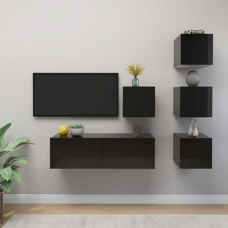 

Juego de mueble para TV de 5 piezas aglomerado negro brillante