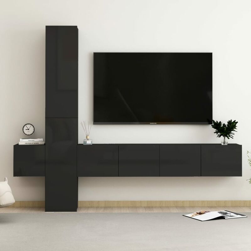 

Juego de mueble para TV de 5 piezas aglomerado negro brillante