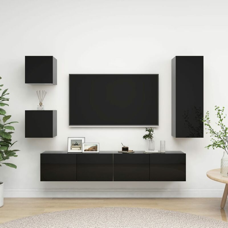 

Juego de mueble para TV de 5 piezas aglomerado negro brillante