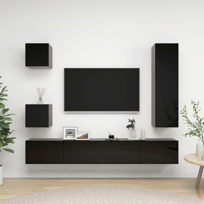 

Juego de mueble para TV de 5 piezas aglomerado negro brillante