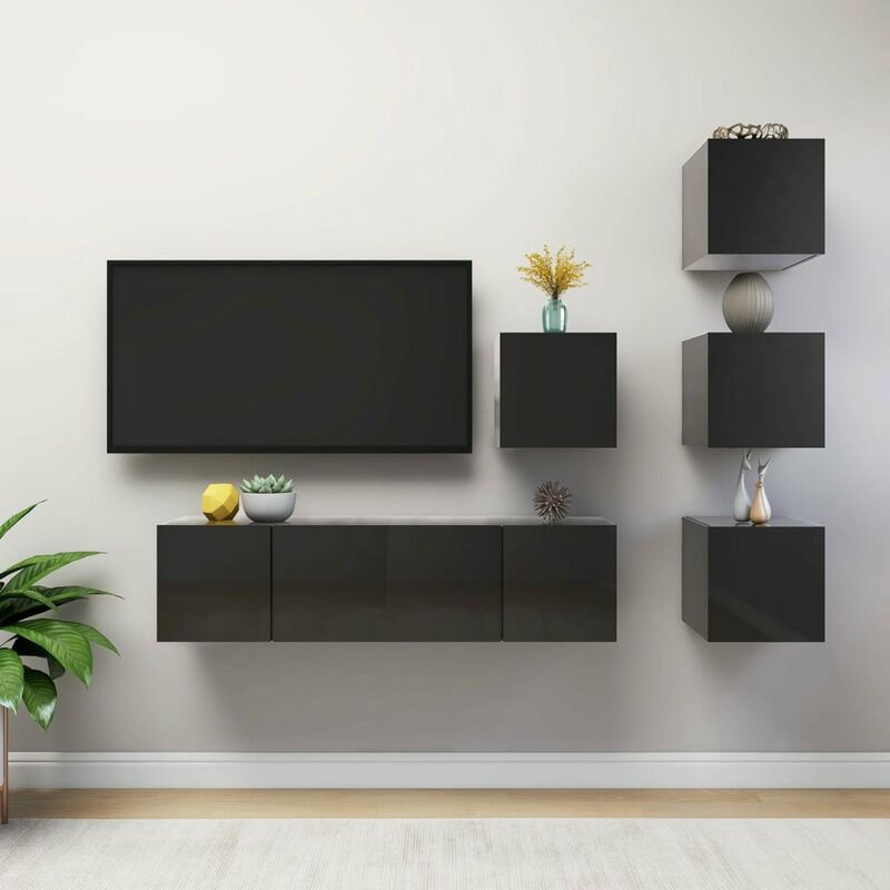 

Juego de mueble para TV de 6 piezas aglomerado negro brillante