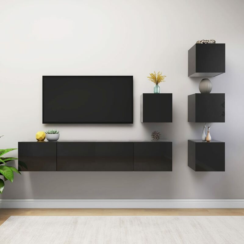 

Juego de mueble para TV de 6 piezas aglomerado negro brillante