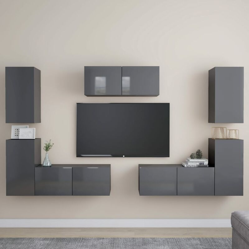 

Juego de mueble para TV de 7 piezas aglomerado gris brillante