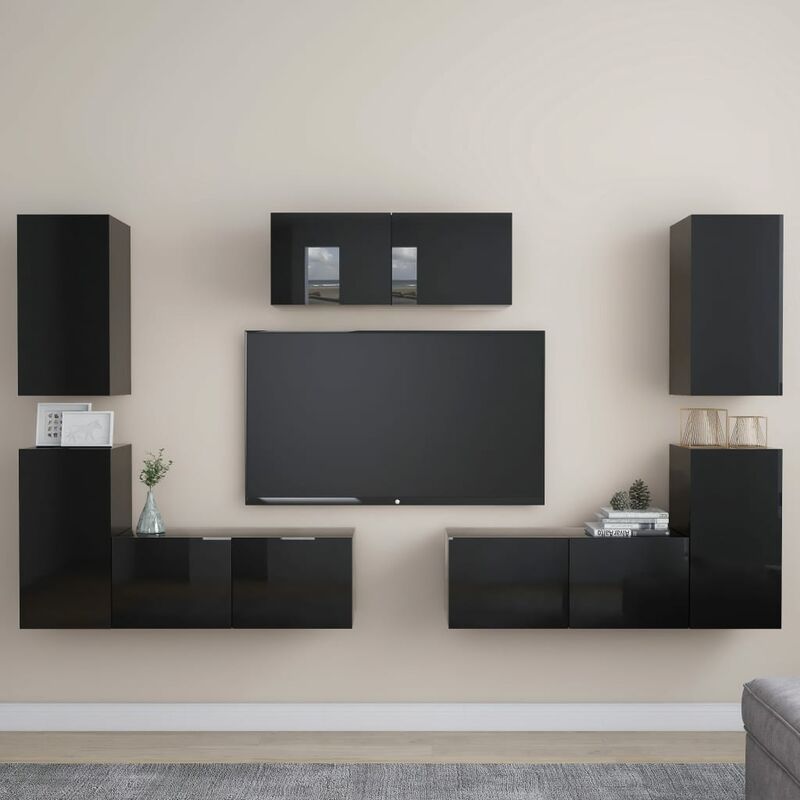 

Juego de mueble para TV de 7 piezas aglomerado negro brillante
