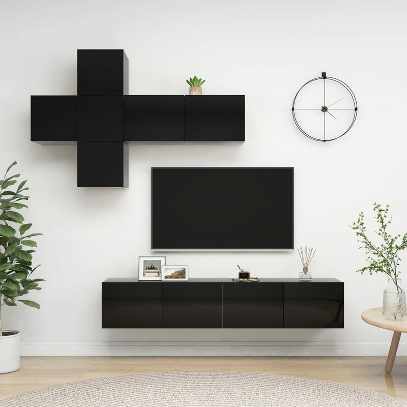 

Juego de mueble para TV de 7 piezas aglomerado negro brillante
