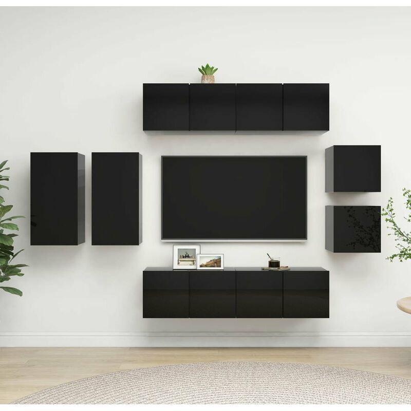 

Juego de mueble para TV de 8 piezas aglomerado negro brillante