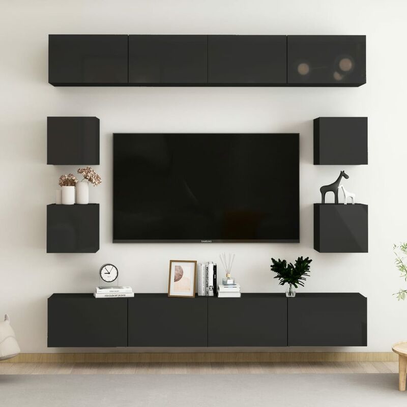 

Juego de mueble para TV de 8 piezas aglomerado negro brillante