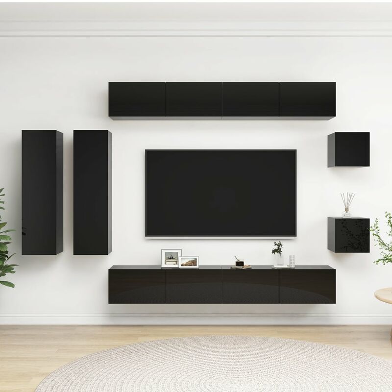 

Juego de mueble para TV de 8 piezas aglomerado negro brillante