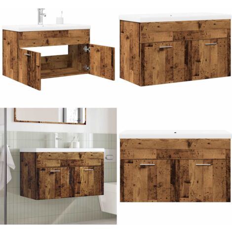 Juego de muebles de baño 2 piezas madera ingeniería envejecida - Armario de baño - Lavabo