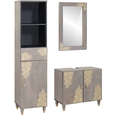 Juego de Muebles de Baño 3 pcs Gris Madera de mango maciza