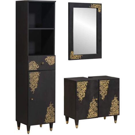 Juego de Muebles de Baño 3 pcs Negro Madera de mango maciza