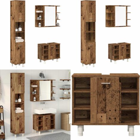 Juego de muebles de baño 3 piezas madera ingeniería envejecida - Armario de baño - Muebles de baño con espejo