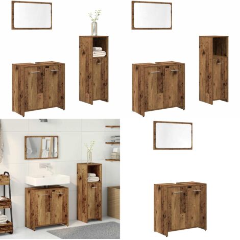 Juego de muebles de baño 3 piezas madera ingeniería envejecida - Muebles de baño 3 piezas - Muebles de baño de madera