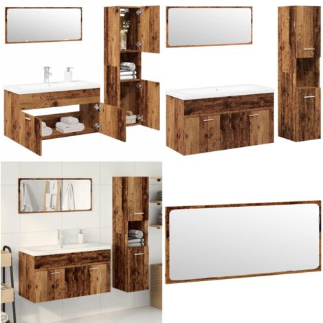 Juego de muebles de baño 4 piezas madera ingeniería envejecida - Armario de baño - Espejo de baño