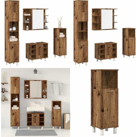 Juego de muebles de baño 4 piezas madera ingeniería envejecida - Muebles de baño de madera - Muebles de baño con espejo
