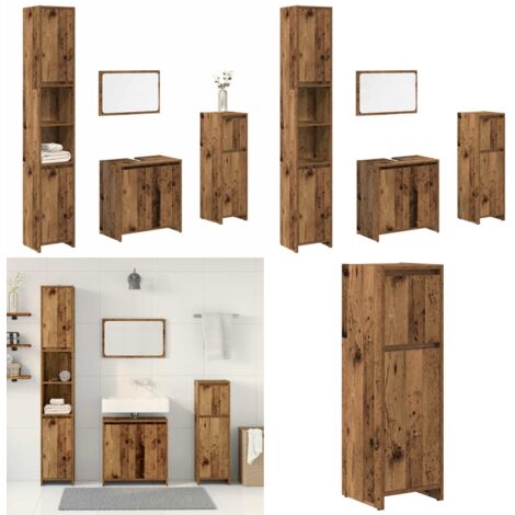 Juego de muebles de baño 4 piezas madera ingeniería envejecida - Muebles de baño de madera - Muebles de baño con espejo