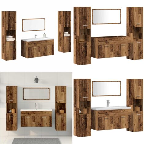 Juego de muebles de baño 4 piezas madera ingeniería envejecida - Muebles de baño de madera - Muebles de baño de ingeniería