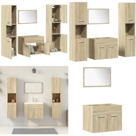 Juego de muebles de baño 4 pzas contrachapada roble Sonoma - Armario de baño - Espejo de maquillaje