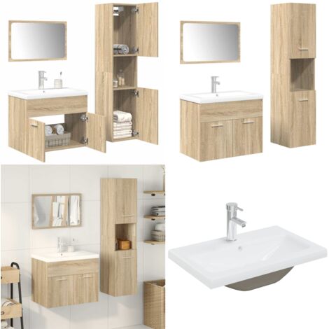 Juego de muebles de baño 4 pzas contrachapada roble Sonoma - Armario de baño - Espejo de maquillaje