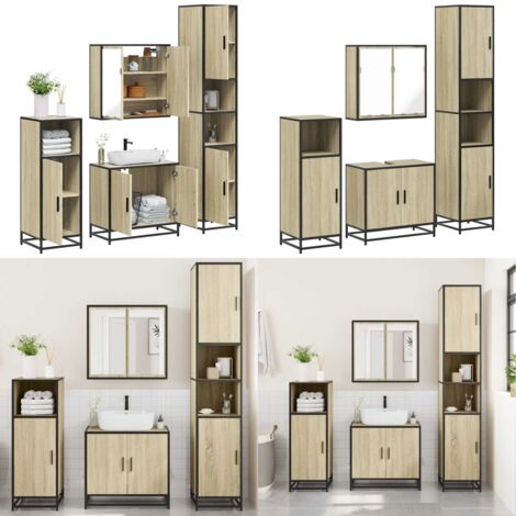 Juego de muebles de baño 4 pzas contrachapada roble sonoma - Armario de baño - Muebles de baño con espejo